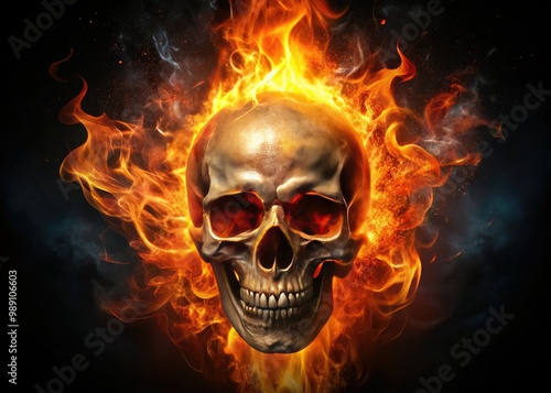 A fiery, glowing skull with infernal flames engulfing its bony structure, emanating an eerie, malevolent aura, set against a dark, mysterious, and ominous black background.