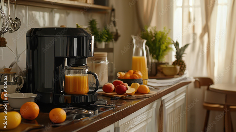A cozy kitchen scene featuring a blender, fresh fruits, and a pitcher of orange juice, creating a warm and inviting atmosphere for meal preparation. A cozy kitchen scene featuring a blender, fresh fruits, and a pitcher of orange juice, creating a warm and inviting atmosphere for meal preparation.