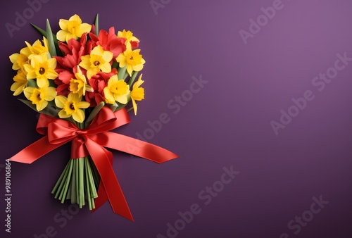 Daffodil Bouquet with Red Ribbon on Purple photo