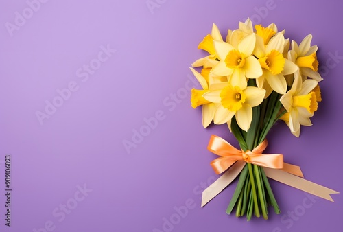 Daffodils Bouquet Purple Background Ribbon