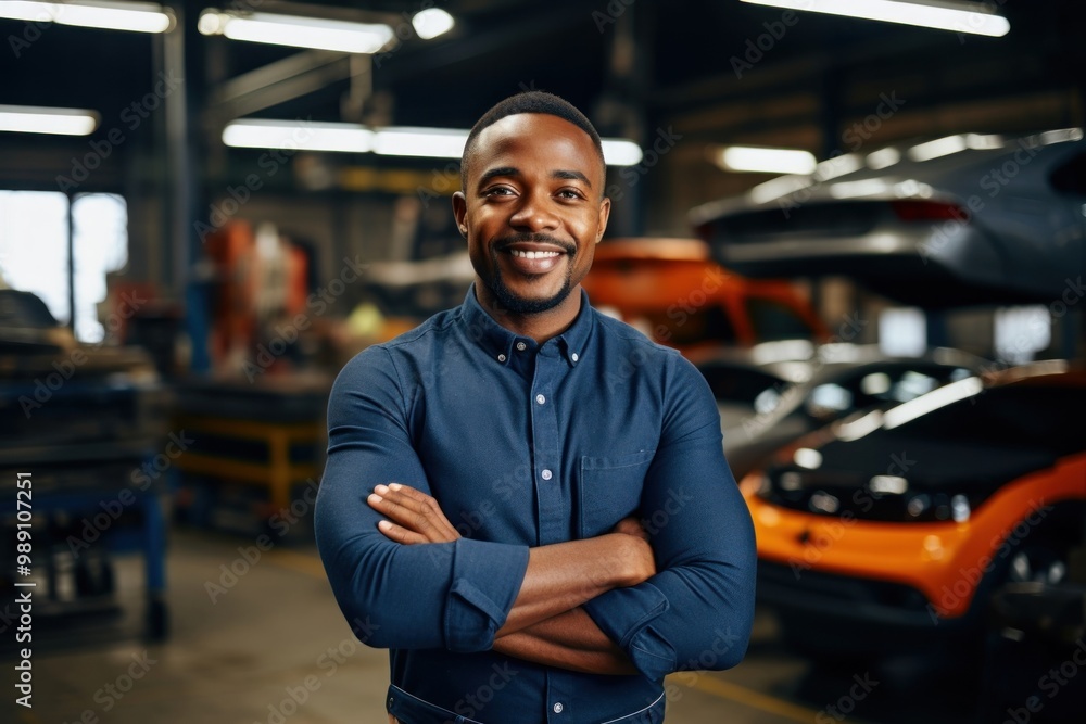 Fototapeta premium An automotive repair technician smiling standing in the car workshop working adult small business.