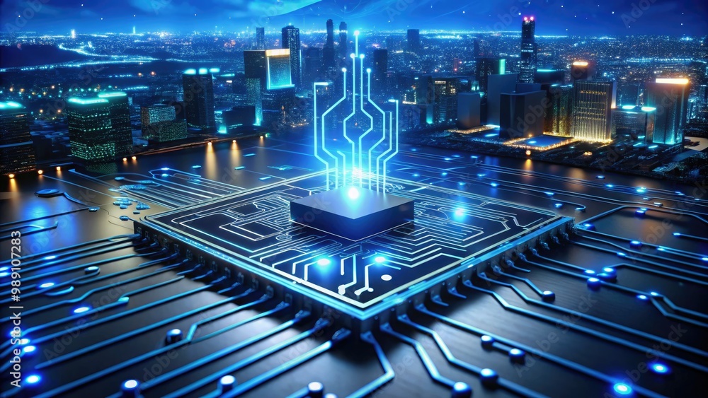 A futuristic dark blue circuit board with glowing blue lines and microchips, surrounded by swirling neon lights, against a blurred cityscape background at dusk. A futuristic dark blue circuit board with glowing blue lines and microchips, surrounded by swirling neon lights, against a blurred cityscape background at dusk.