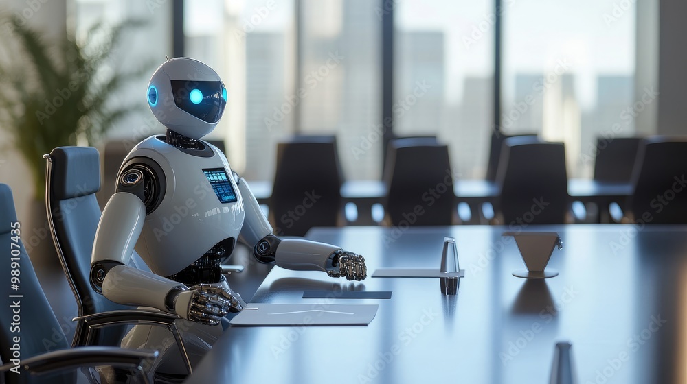 Robot sitting at a conference table with a human, discussing business data in a modern, high-tech environment. No logos, business concept. Robot sitting at a conference table with a human, discussing business data in a modern, high-tech environment. No logos, business concept.
