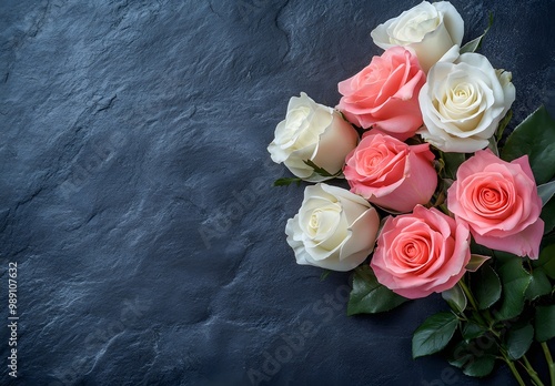 Pink and White Roses Bouquet on Dark Background