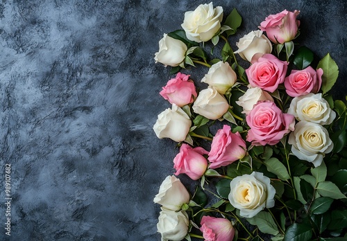 Pink and White Rose Bouquet on Gray Background