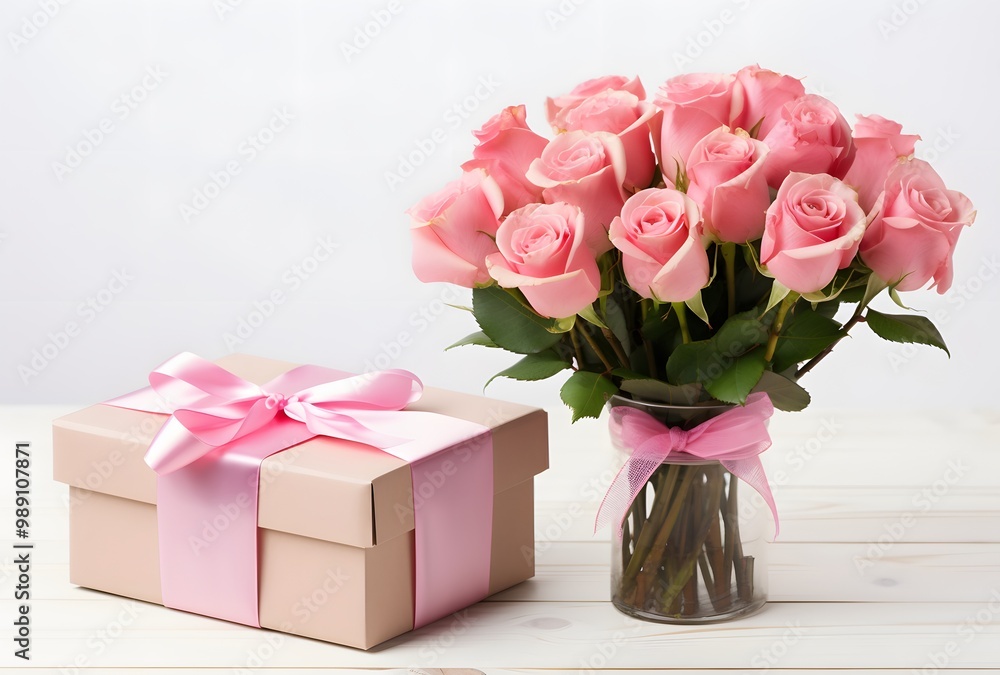 Pink Roses Bouquet & Gift Box on Wooden Background Pink Roses Bouquet & Gift Box on Wooden Background