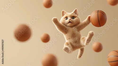 A playful cat leaps in the air, catching a basketball amidst floating balls. The scene captures the joy and energy of pets engaging in playful sports activity. photo