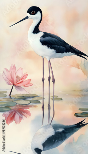 Black-necked stilt (Himantopus mexicanus) with reflection in water   photo