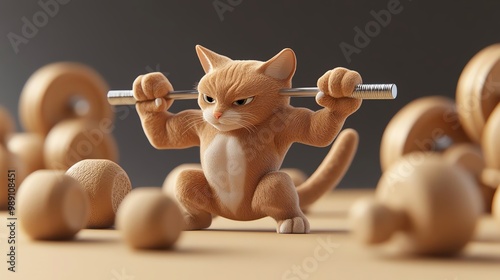 A playful orange cat figurine lifting a barbell surrounded by small wooden weights, representing determination and fitness in a fun, whimsical way. photo