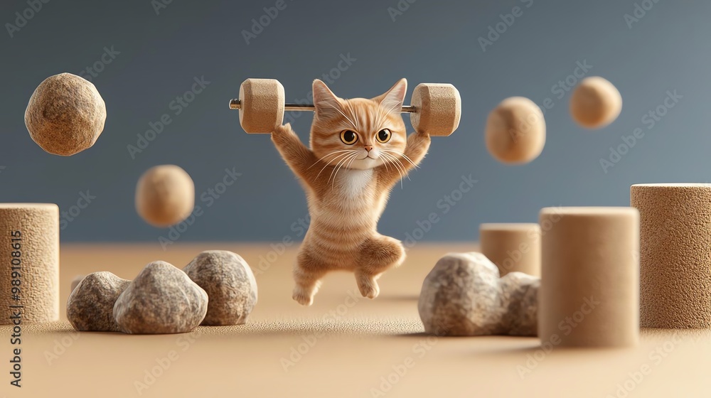 Fototapeta premium A playful orange cat lifting weights surrounded by playful objects, showcasing a humorous take on fitness with a curious and energetic expression.