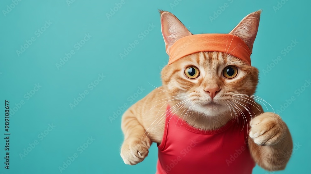 A playful orange cat wearing a bright red outfit and an orange headband, energetically posing against a vibrant blue background, conveying a sense of fun and fitness. A playful orange cat wearing a bright red outfit and an orange headband, energetically posing against a vibrant blue background, conveying a sense of fun and fitness.