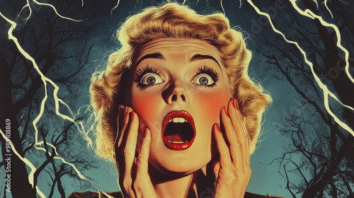 Screaming Woman in Retro Horror Scene with Lightning and Twisted Trees