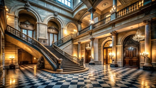 A grand, dimly lit museum entrance hall with a sweeping staircase and high ceilings stands vacant, its polished marble floors reflecting the faint light.