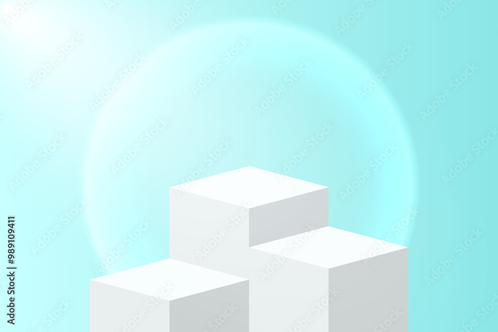 Fototapeta premium Abstract 3D blue podium background. Modern minimalist mockup for product display presentation. Realistic blue cylinder pedestal podium.