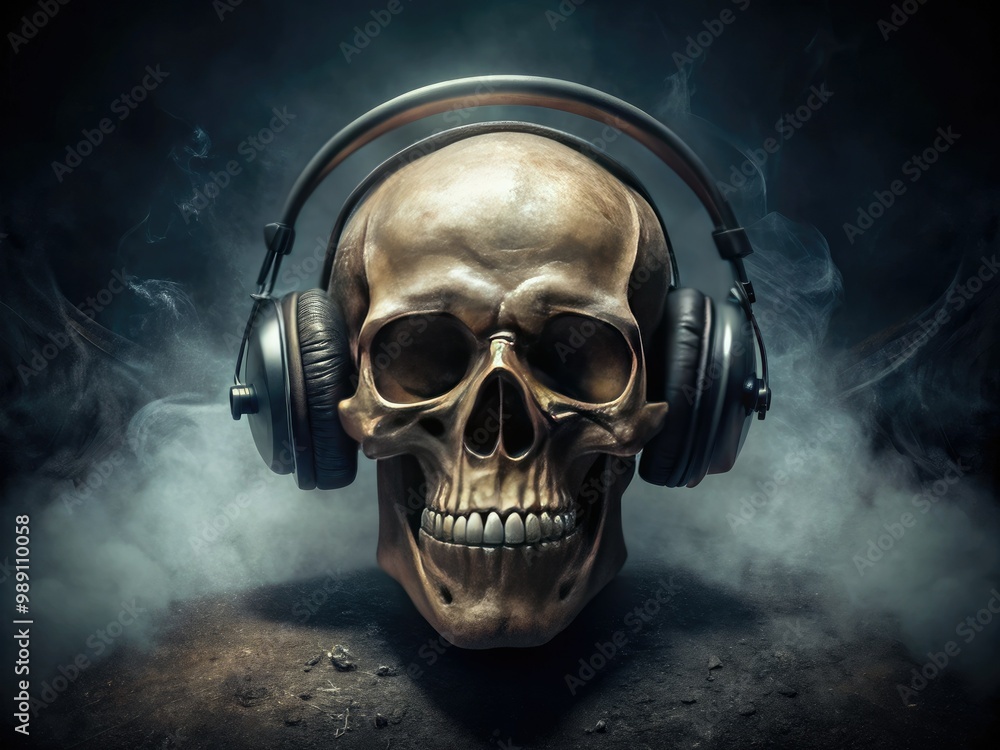A hauntingly cool skeleton's skull dons trendy headphones, surrounded by eerie darkness, with a hint of rebelliousness and a dash of dark humor. A hauntingly cool skeleton's skull dons trendy headphones, surrounded by eerie darkness, with a hint of rebelliousness and a dash of dark humor.