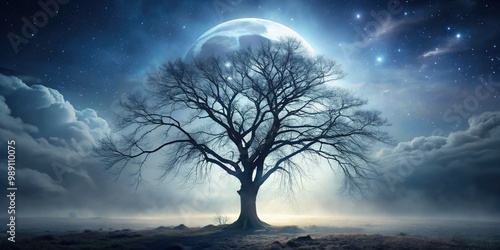 A hauntingly beautiful, starkly contrasted illustration of a bare, branchless tree stands isolated against a misty, moonlit night sky, evoking feelings of melancholy and decay.