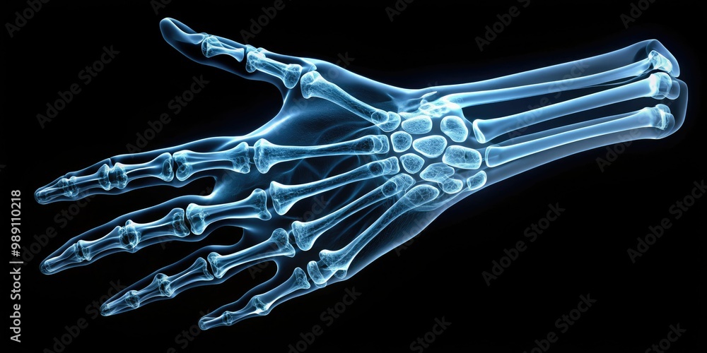 A hauntingly detailed X-ray image of a human hand skeleton, showcasing ...