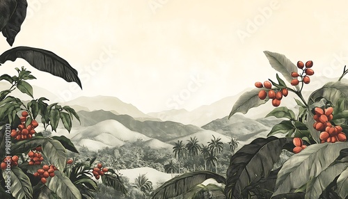 Coffee Beans and Mountain Landscape