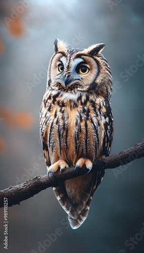 Brown and gray owl perching on branch 