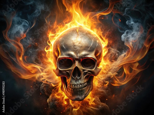 A hauntingly lit, intricately detailed fire skull emerges from flames, surrounded by wispy smoke, in a dark, mysterious, and eerily captivating high-contrast digital illustration.