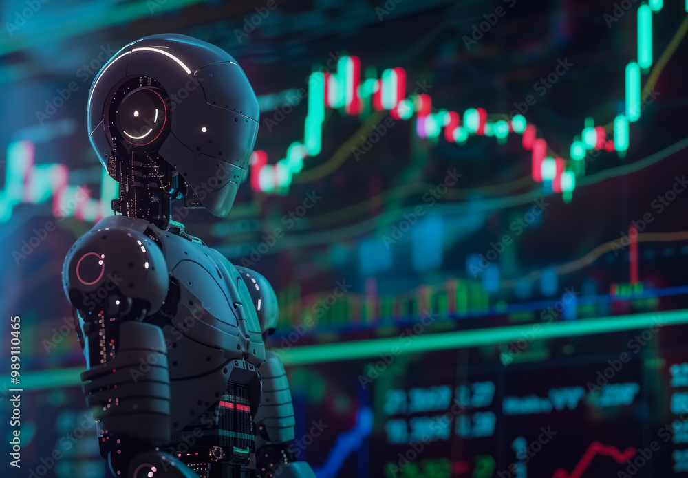 A futuristic AI robot uses advanced algorithms to predict market trends, with Japanese candlestick graphs indicating bullish or bearish movements A futuristic AI robot uses advanced algorithms to predict market trends, with Japanese candlestick graphs indicating bullish or bearish movements