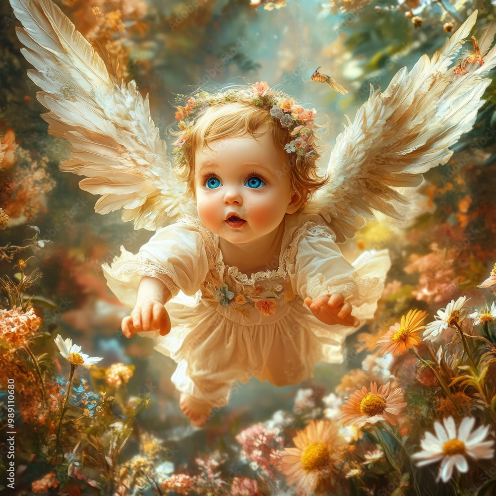 Baby Angel with Blue Eyes and Wings Flying Over Flowers in a Dreamy Scene
Baby Angel with Blue Eyes and Wings Flying Over Flowers in a Dreamy Scene