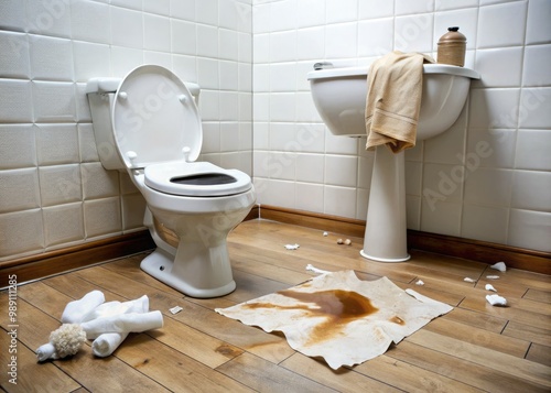 A humorous snapshot of a messy bathroom scene with toilet paper roll-empty, a dirty toilet seat, and a brown stain on the floor. photo