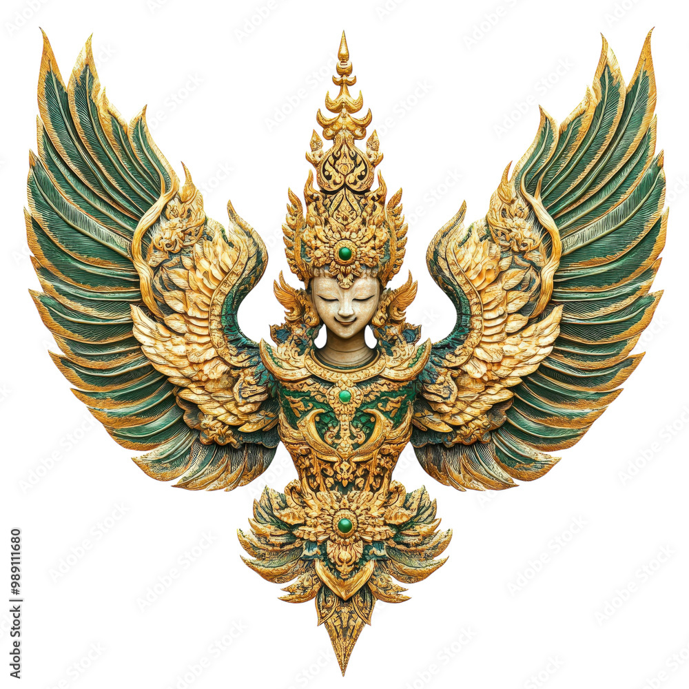 A woman with wings on her back. She is holding a staff and a bird. The wings are green and gold A woman with wings on her back. She is holding a staff and a bird. The wings are green and gold
