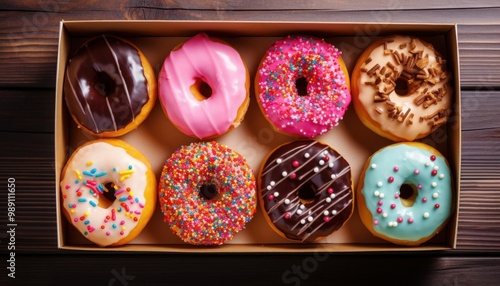 A box of assorted donuts with different colors and toppings. The box is placed on a black background. Generative AI photo