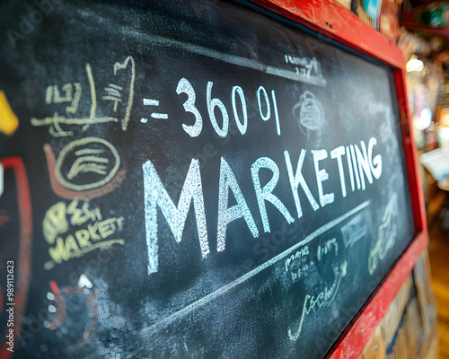 Chalkboard with text "360° MARKETING" 