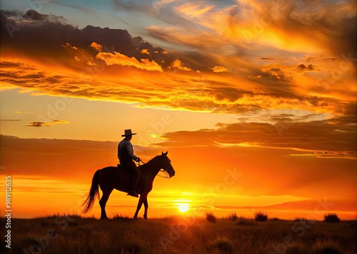 A lone rider astride a horse, outlined against a vibrant orange sunset, with a vast open range stretching towards the distant horizon. photo