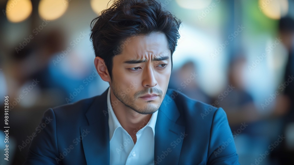 思い悩む表情をする日本人男性 思い悩む表情をする日本人男性