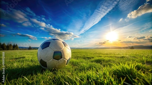 A lone, worn, white soccer ball lies abandoned on a lush, vibrant green grass field, surrounded by subtle shadows, under a bright, clear blue sky. photo