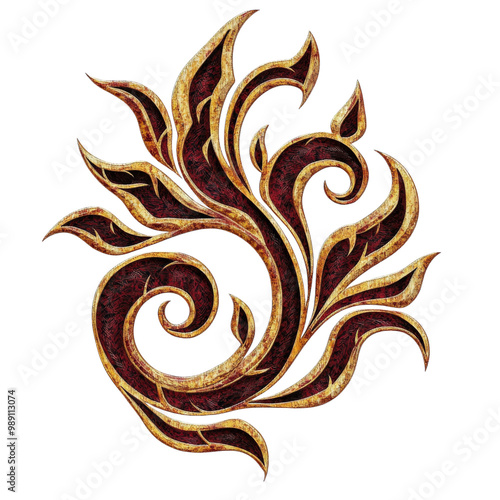 A gold and red flower design with a yellow center. The design is ornate and has a lot of detail