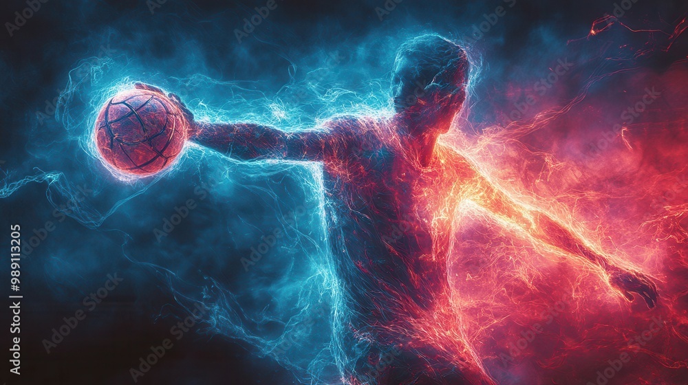 This digital artwork captures the energy and movement of a neon figure dynamically playing basketball The vibrant colors and energetic style make it a visually captivating piece blending This digital artwork captures the energy and movement of a neon figure dynamically playing basketball The vibrant colors and energetic style make it a visually captivating piece blending