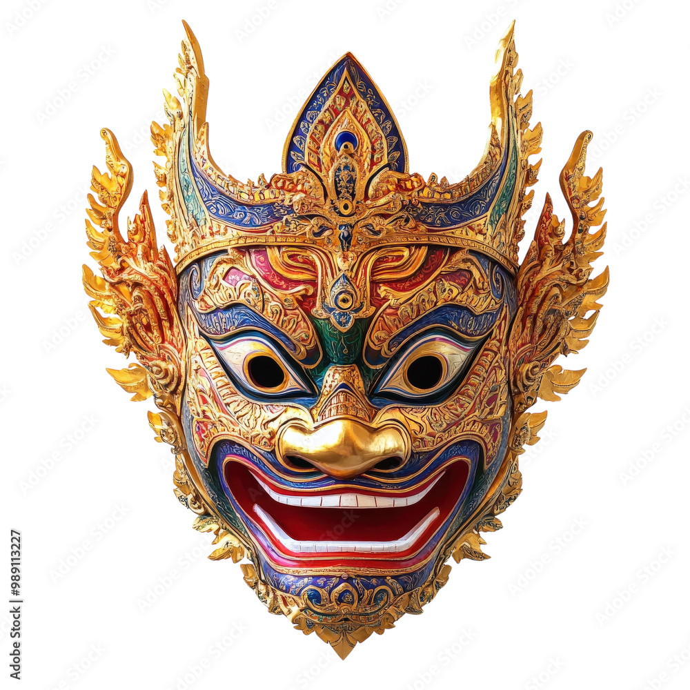A gold and green mask with a smiling face. The mask is decorated with gold and red beads A gold and green mask with a smiling face. The mask is decorated with gold and red beads