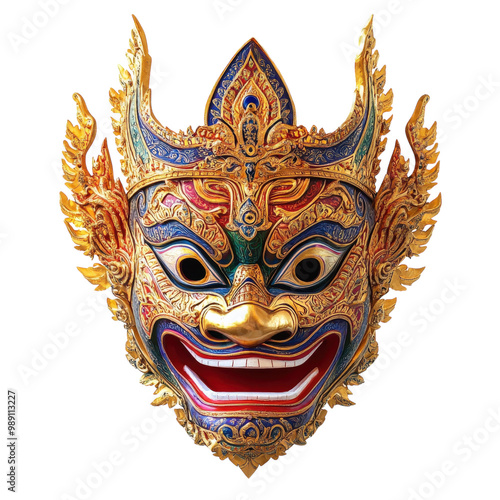 A gold and green mask with a smiling face. The mask is decorated with gold and red beads