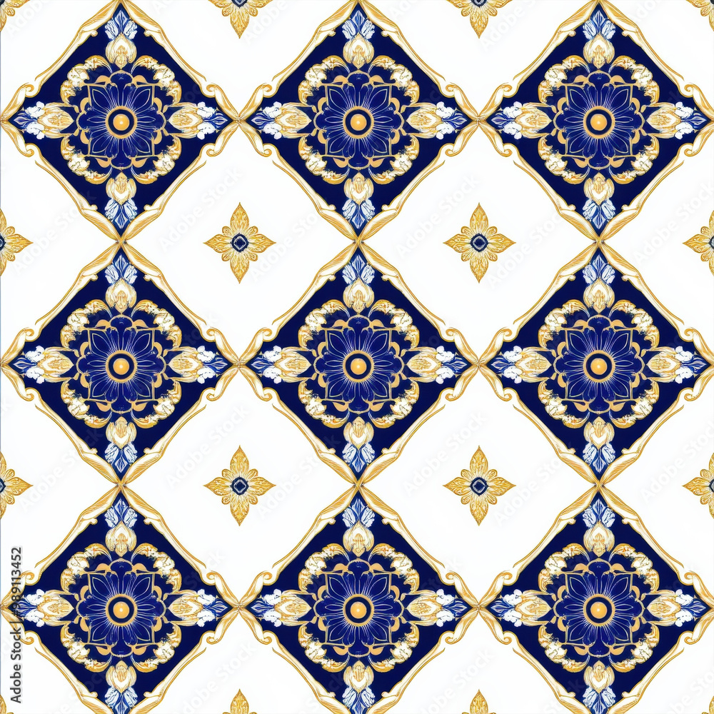 A blue and gold carpet with a pattern of flowers and crosses. The carpet is rectangular in shape and has a gold border A blue and gold carpet with a pattern of flowers and crosses. The carpet is rectangular in shape and has a gold border