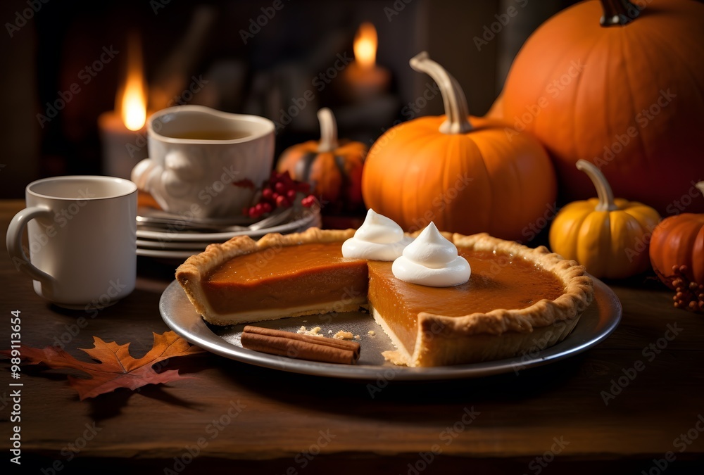 Warm Pumpkin Pie with Whipped Cream and Autumn Decor Warm Pumpkin Pie with Whipped Cream and Autumn Decor