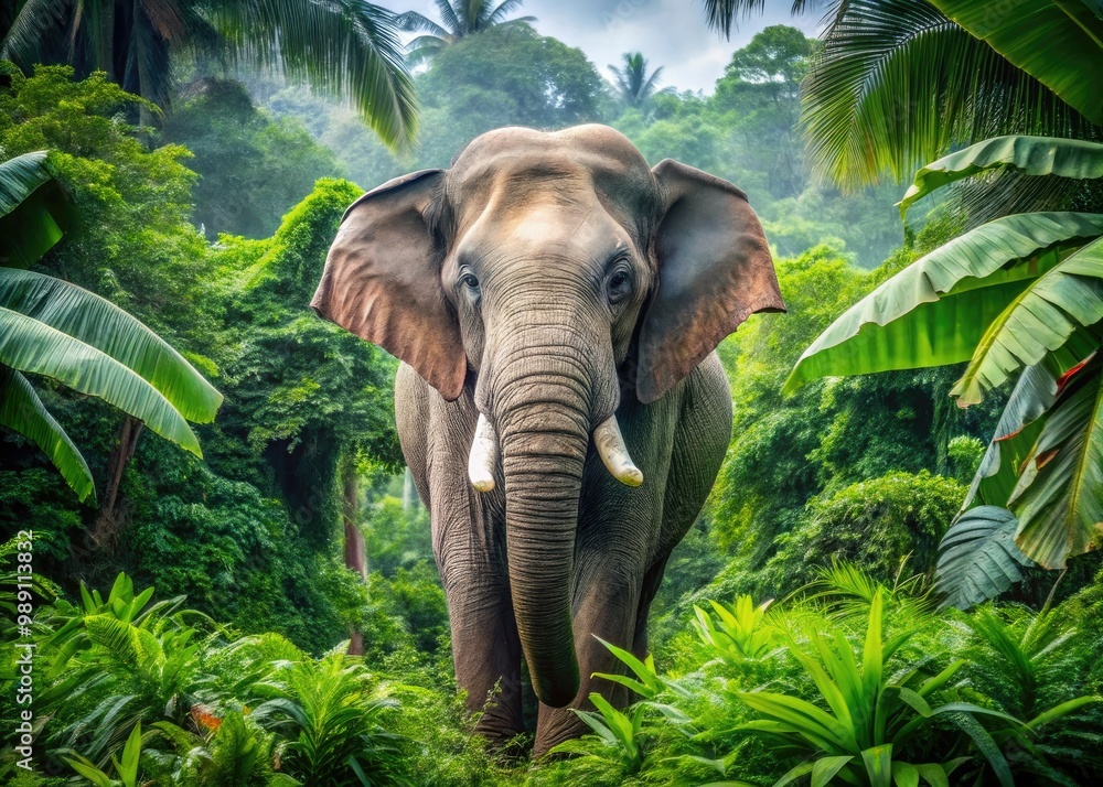 Fototapeta premium A majestic Asian elephant with wrinkled gray skin and tusks stands alone in a lush green jungle, surrounded by tropical foliage and vines.