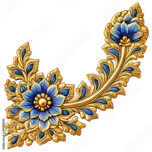 A blue and gold flower design with a yellow center. The flowers are arranged in a way that creates a sense of movement and flow. The design is elegant and sophisticated, with a touch of whimsy photo