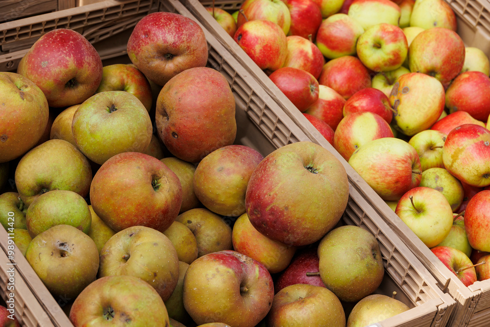 Apples and pears are for sale in wooden crates at the potato and apple market in Bächingen Apples and pears are for sale in wooden crates at the potato and apple market in Bächingen