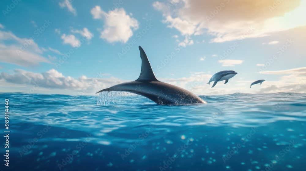 Naklejka premium Majestic Shark Fin Above Vibrant Ocean Waves