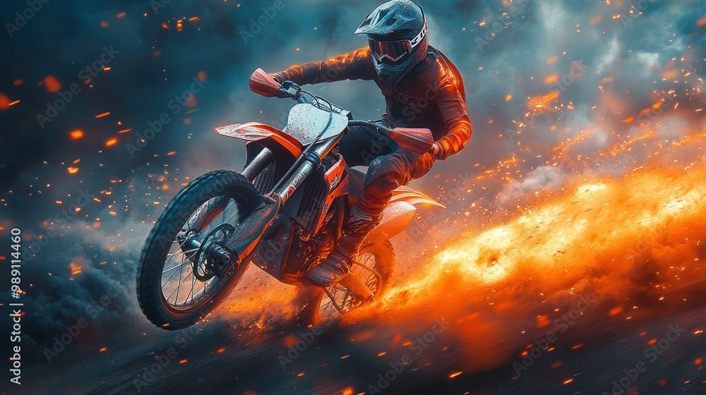 A dirt biker navigating through fiery smoke and blazing trails showcasing determination and courage in this thrilling and dramatic scene A dirt biker navigating through fiery smoke and blazing trails showcasing determination and courage in this thrilling and dramatic scene