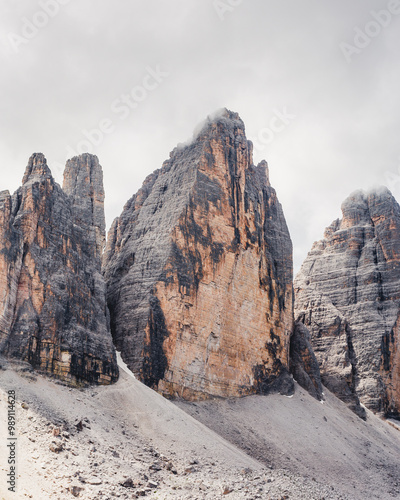 Three peaks of the Tre Cime natural wonder in Italy.