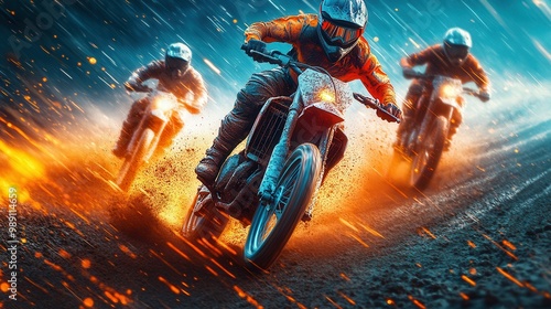 Three motorcyclists in an intense race on a dirt track with vibrant sparks and mud flying everywhere the riders are dressed in protective gear as they navigate the challenging course photo