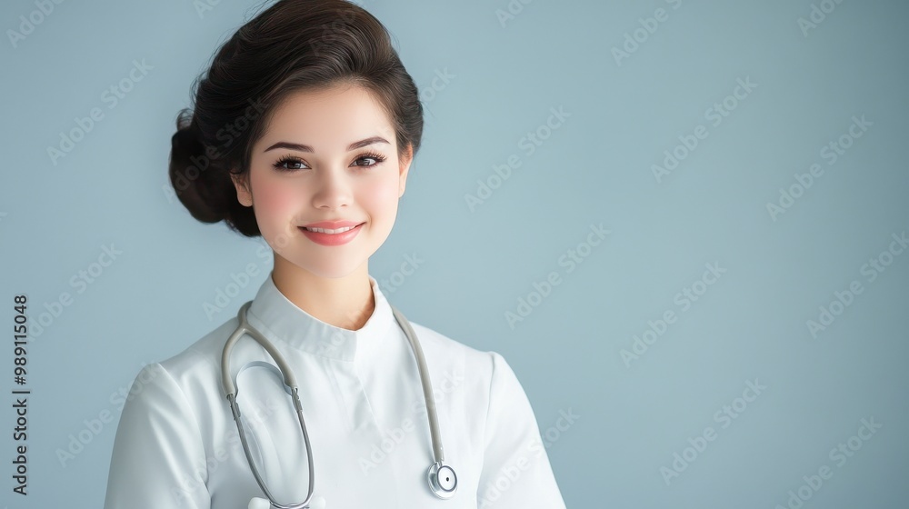 A smiling female healthcare professional in a white uniform, wearing a stethoscope. Bright, clean background enhances the professional appearance. A smiling female healthcare professional in a white uniform, wearing a stethoscope. Bright, clean background enhances the professional appearance.