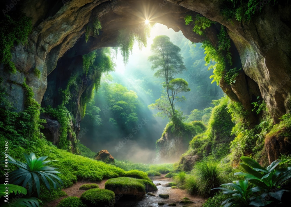 Fototapeta premium A majestic cave entrance with lush green foliage and misty atmosphere, isolated on transparent background, evoking adventure and mystery in a serene natural setting.