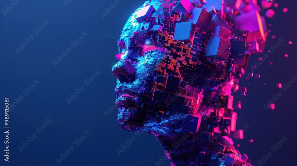 Obraz premium A digital representation of a human head made of colorful geometric shapes and fragments.