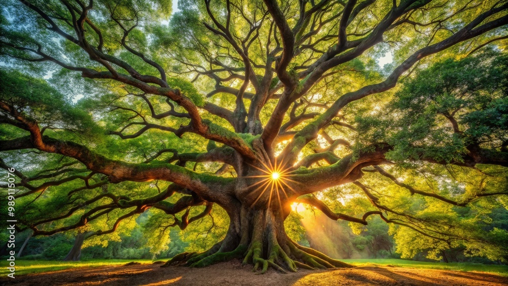 Obraz premium A majestic, century-old tree stands tall, its gnarled branches stretching towards the sky, surrounded by a vibrant foliage of emerald green leaves and golden sunlight.